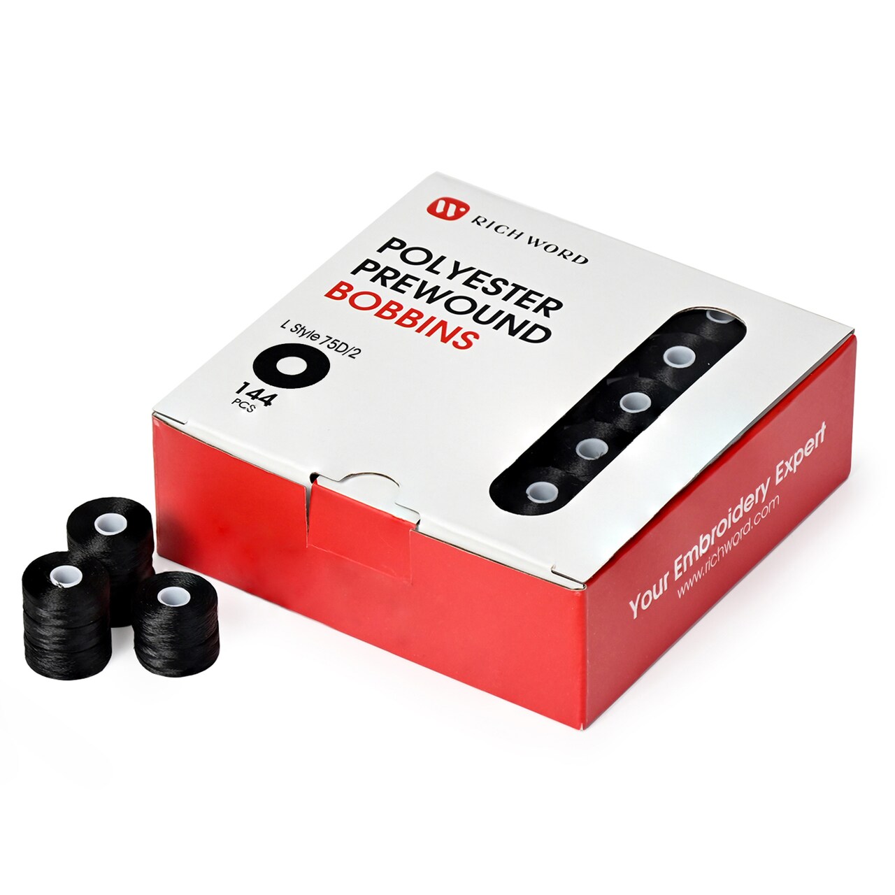 Richword Selected Sideless Prewound Bobbins, Size L (SA155), 75D/2 (60WT) Polyester Bobbin Thread, 120–130 Yards, for Commercial Multi-Needle Embroidery Machines, Black or White, 144 PCS